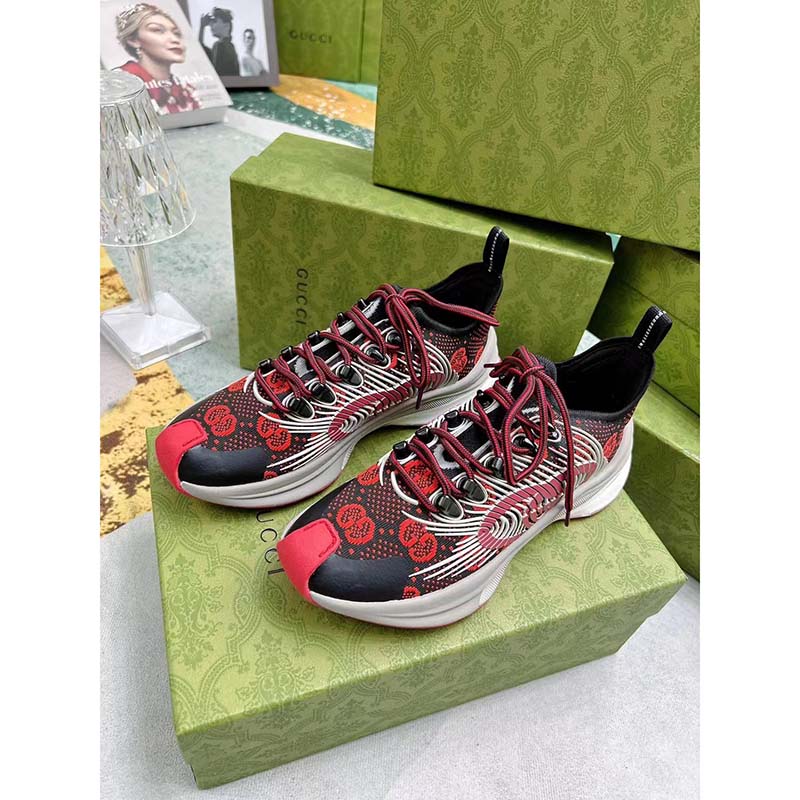 G*u*i unisex gg run sneaker black red technical knit fabric rubber interlocking g