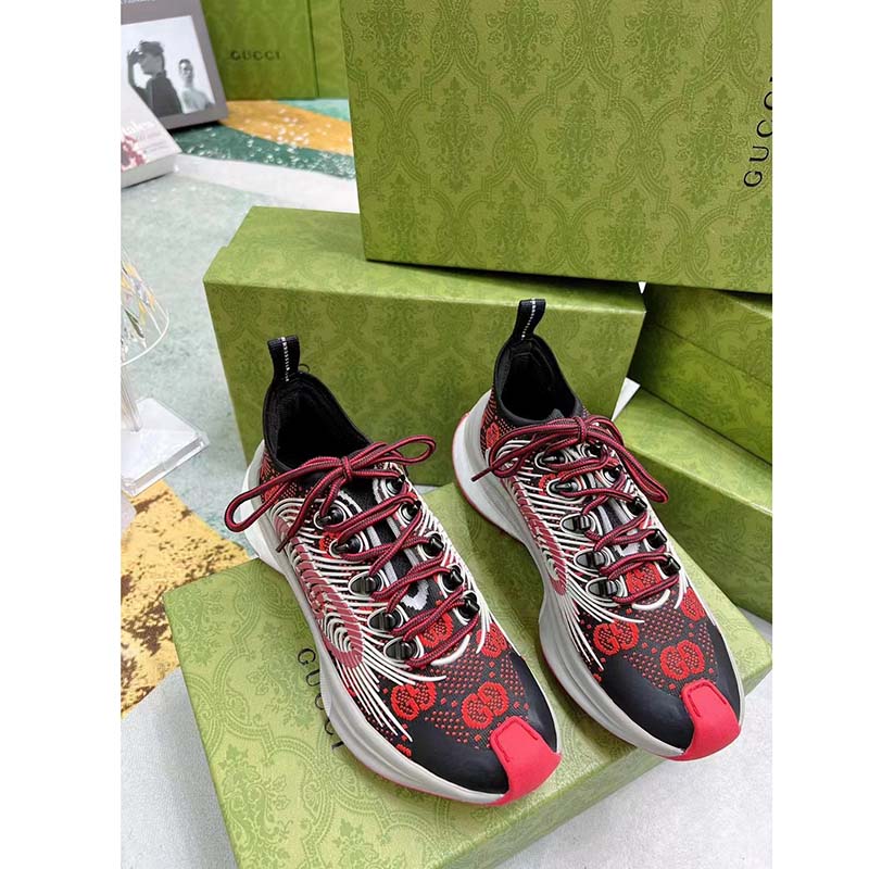 G*u*i unisex gg run sneaker black red technical knit fabric rubber interlocking g