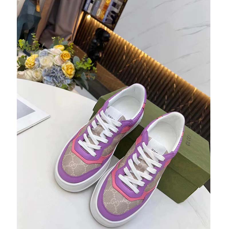 G*u*i unisex gg sneaker pink purple beige supreme canvas grey perforated leather