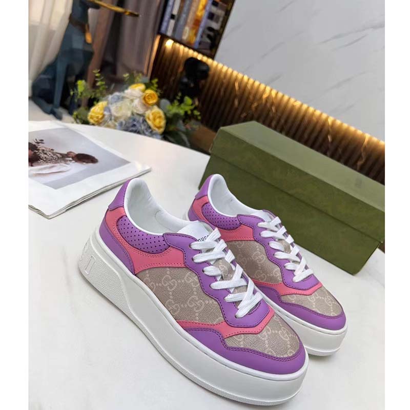G*u*i unisex gg sneaker pink purple beige supreme canvas grey perforated leather