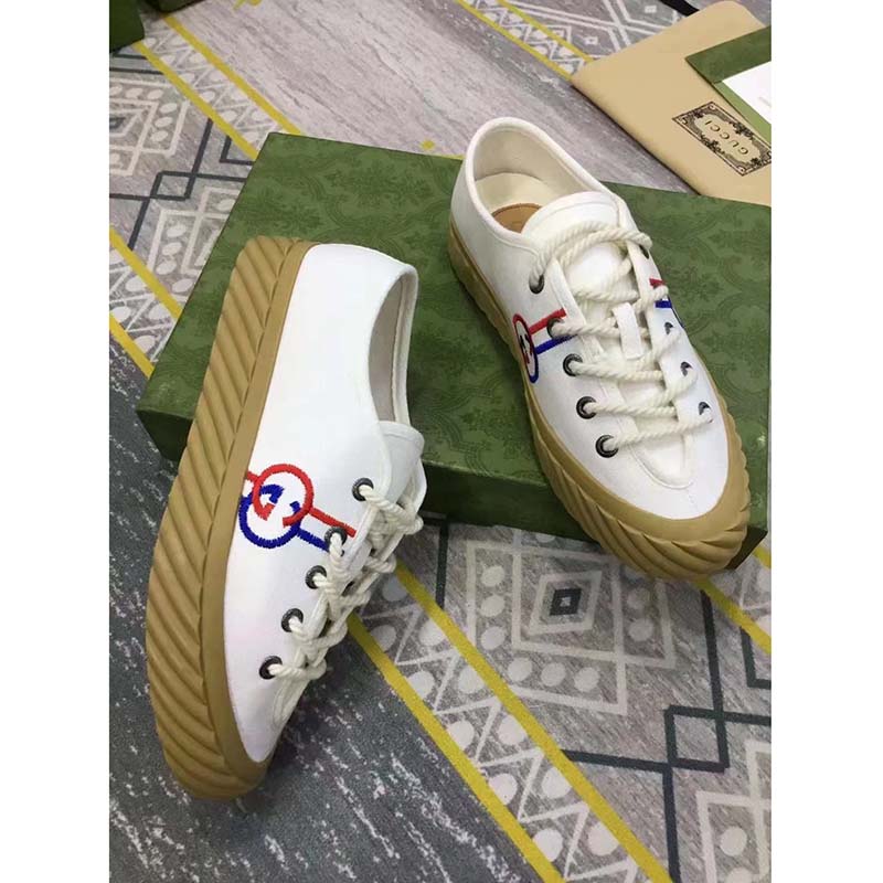 G*u*i unisex interlocking g sneaker beige cotton rubber sole lace-up closure flat