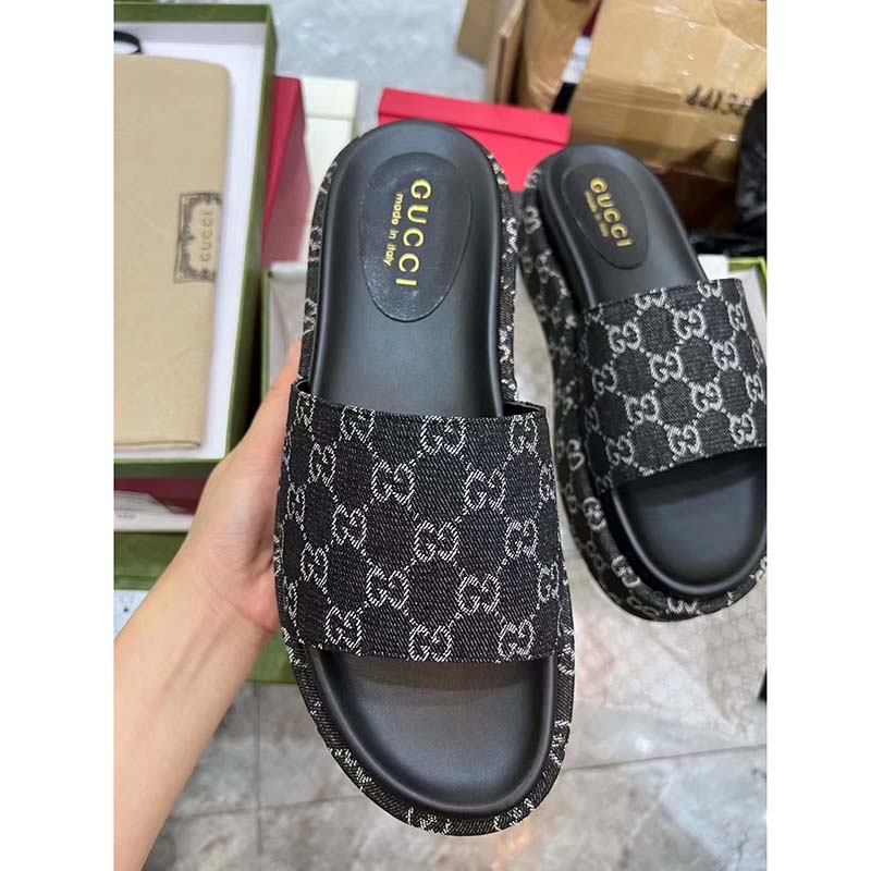 G*u*i unisex platform slide sandal black ivory gg denim mid 6 cm heel