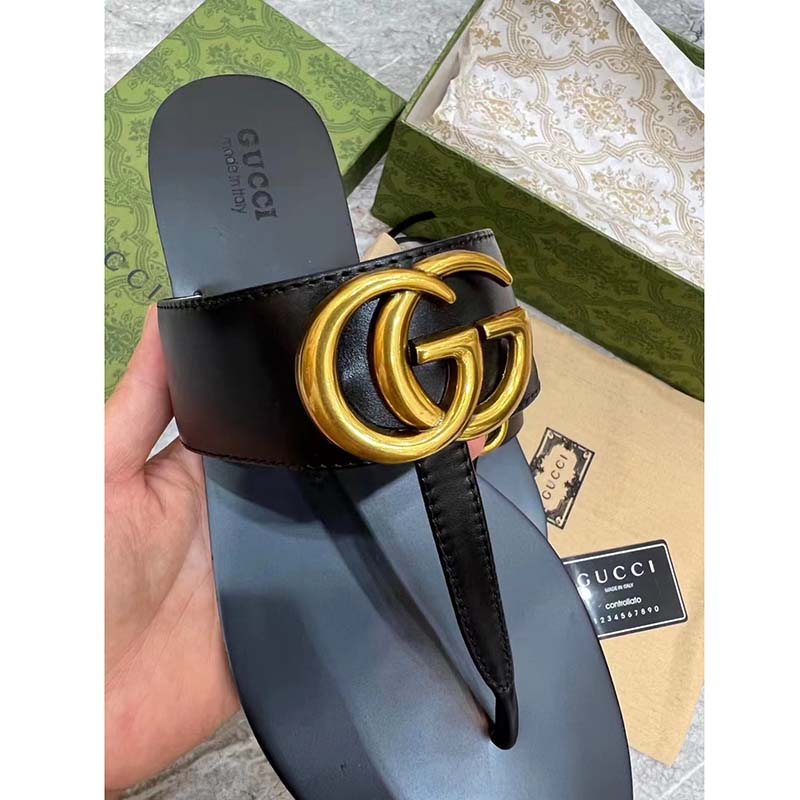 G*u*i women gg leather thong sandal double g black flat