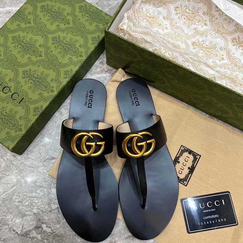 G*u*i women gg leather thong sandal double g black flat
