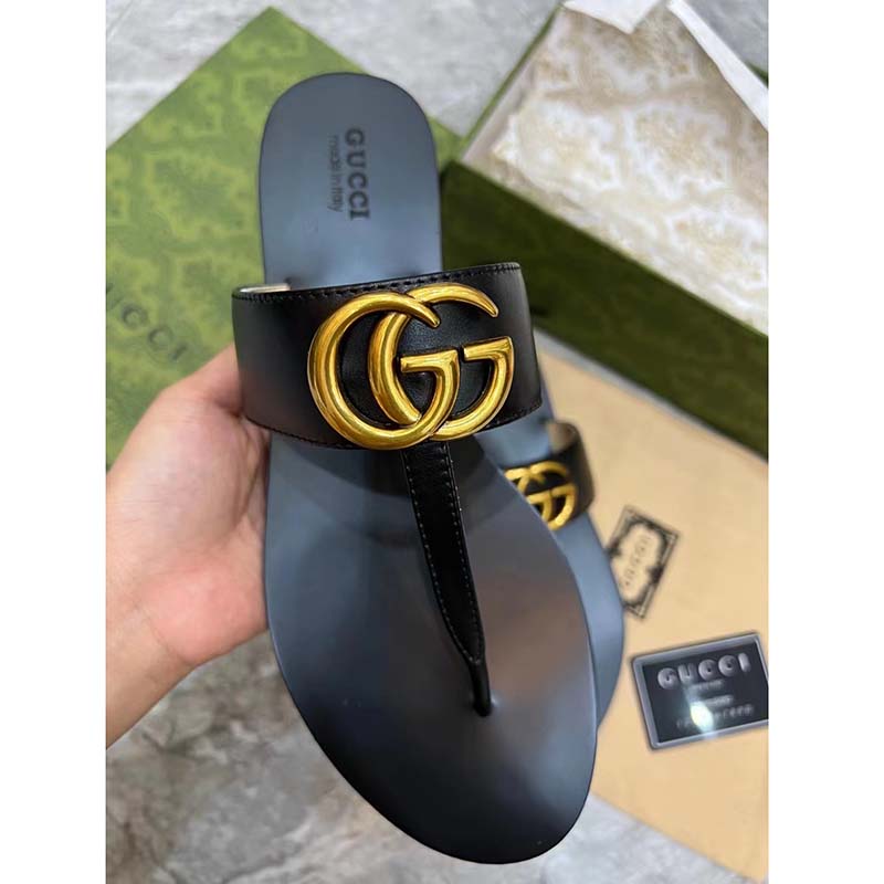 G*u*i women gg leather thong sandal double g black flat