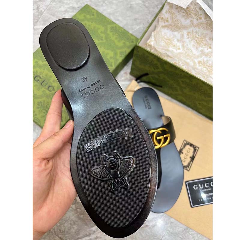 G*u*i women gg leather thong sandal double g black flat