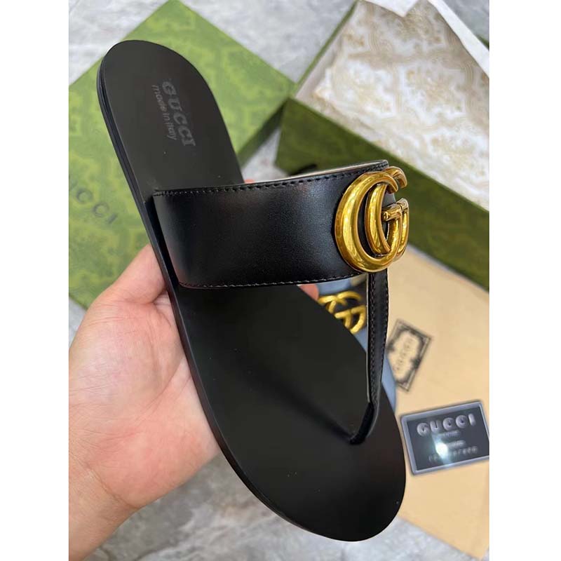 G*u*i women gg leather thong sandal double g black flat