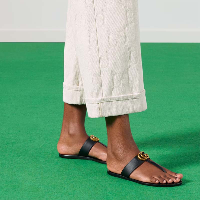 G*u*i women gg leather thong sandal double g black flat