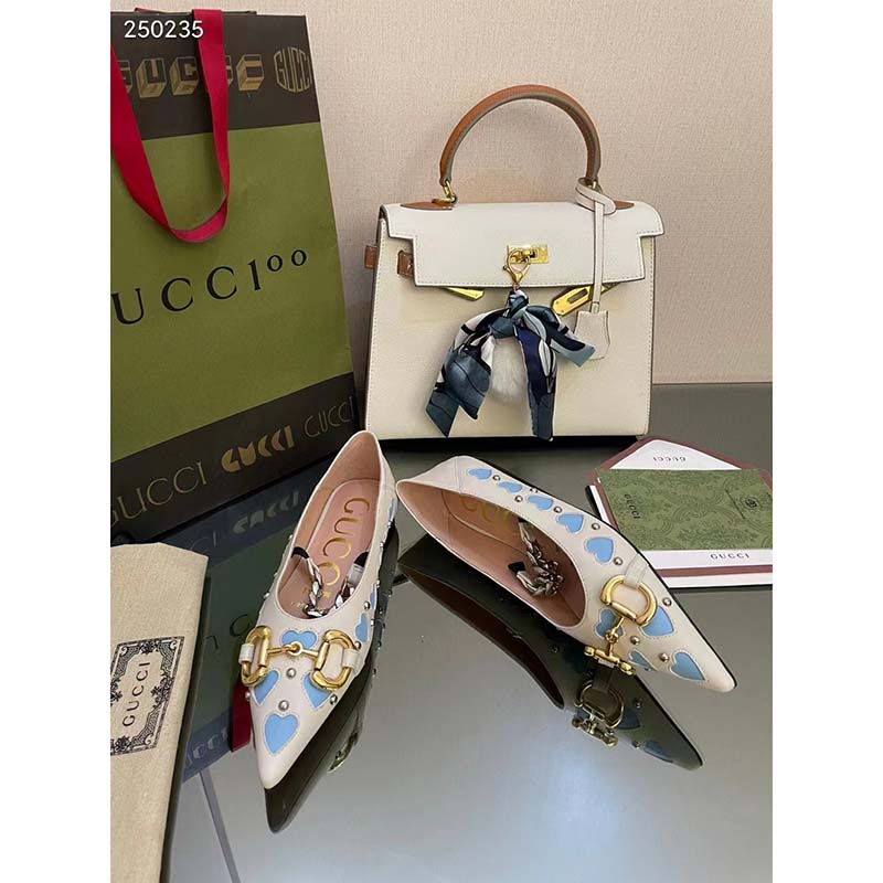G*u*i women gg lovelight crystal ballet flat horsebit white leather crystals