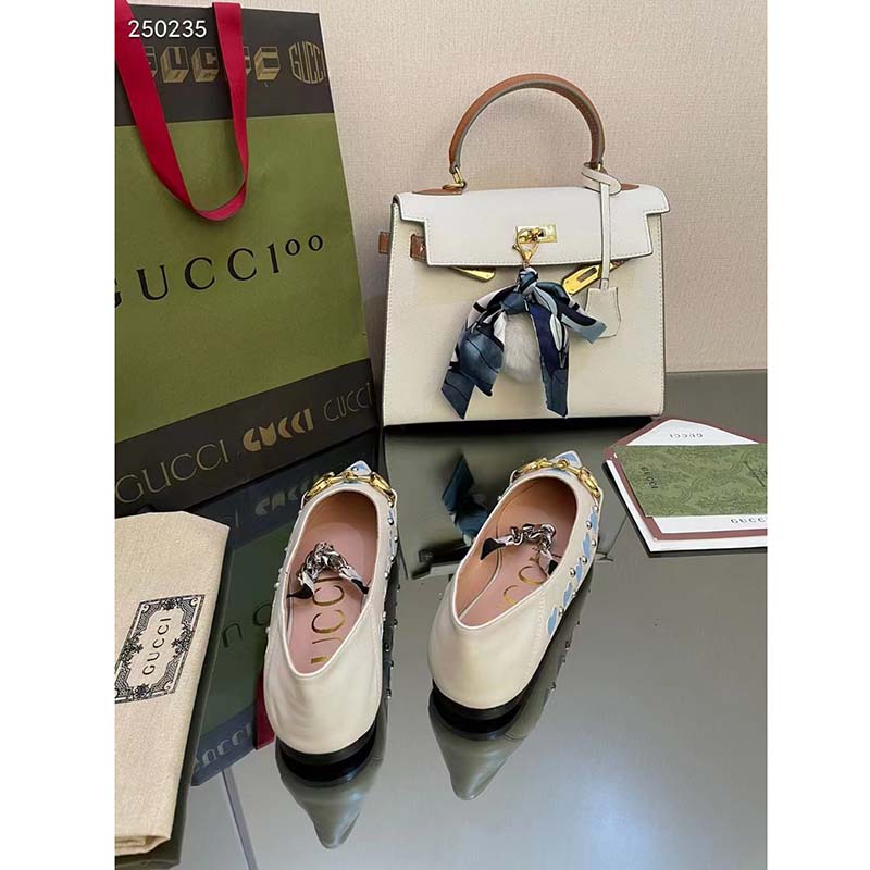G*u*i women gg lovelight crystal ballet flat horsebit white leather crystals