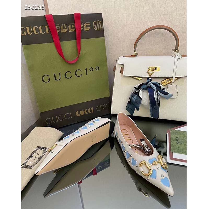 G*u*i women gg lovelight crystal ballet flat horsebit white leather crystals