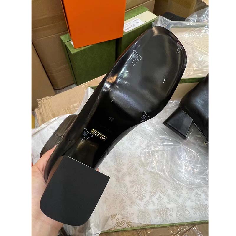 G*u*i women gg mid-heel ankle boot horsebit black leather 6 cm heel