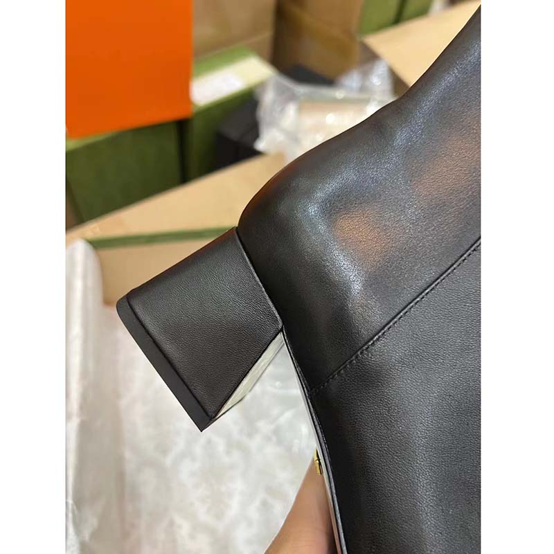 G*u*i women gg mid-heel ankle boot horsebit black leather 6 cm heel