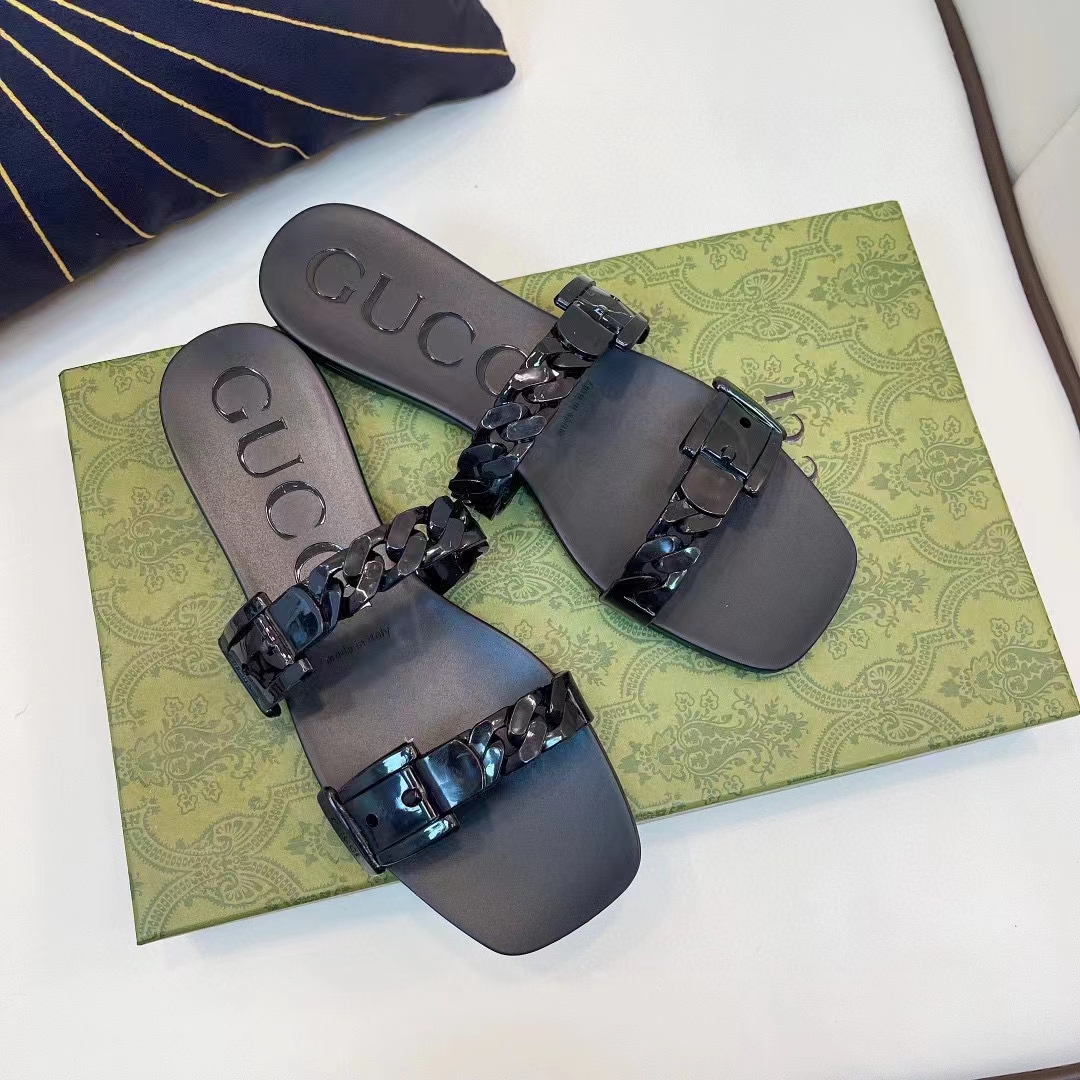 G*u*i women gg rubber slide sandal black chain flat 1.5 cm heel