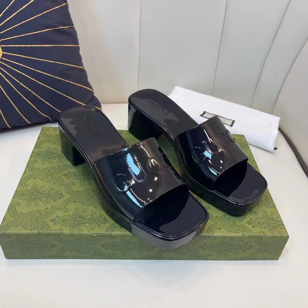 G*u*i women gg rubber slide sandal black mid-heel 6 cm heel