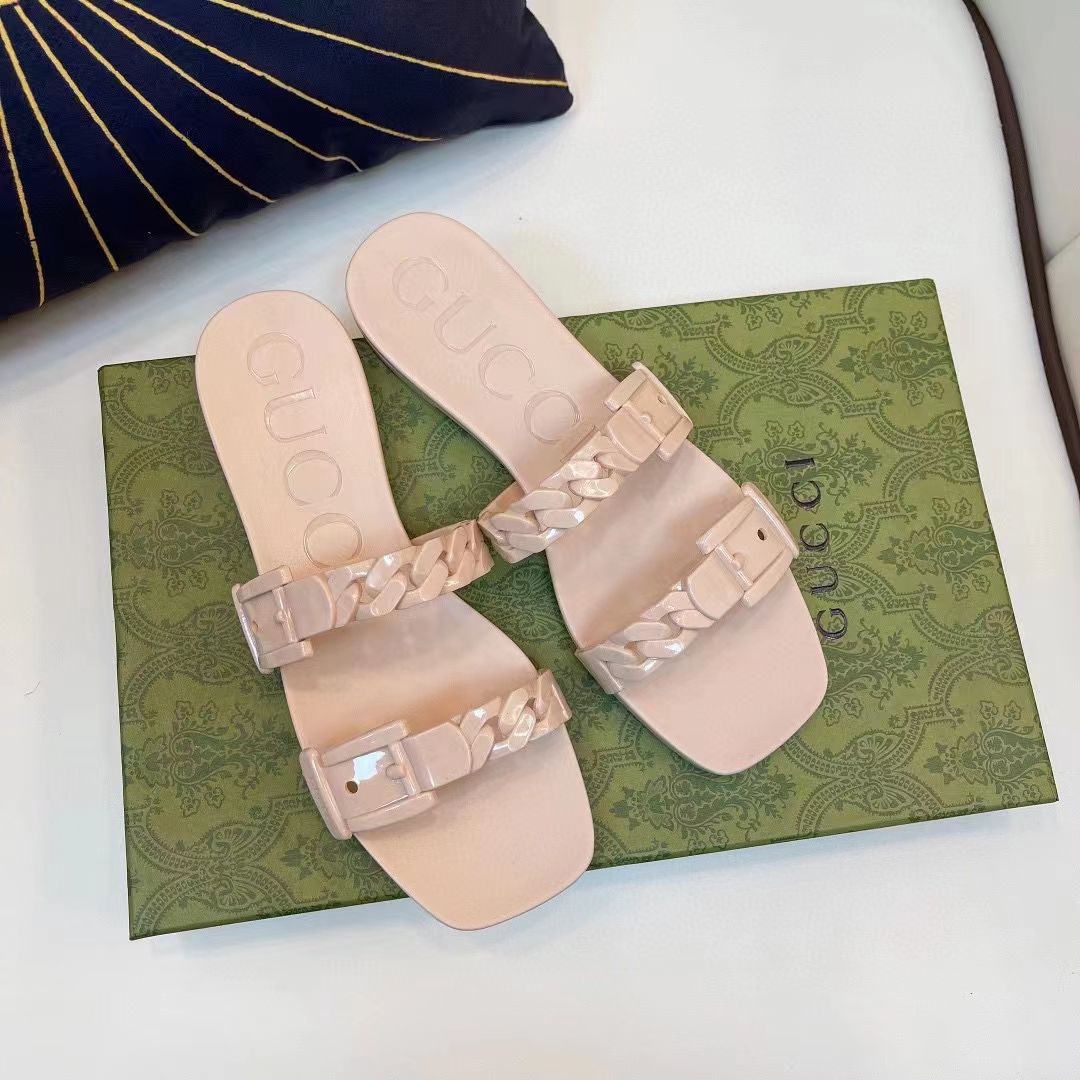 G*u*i women gg rubber slide sandal light pink chain flat 1.5 cm heel