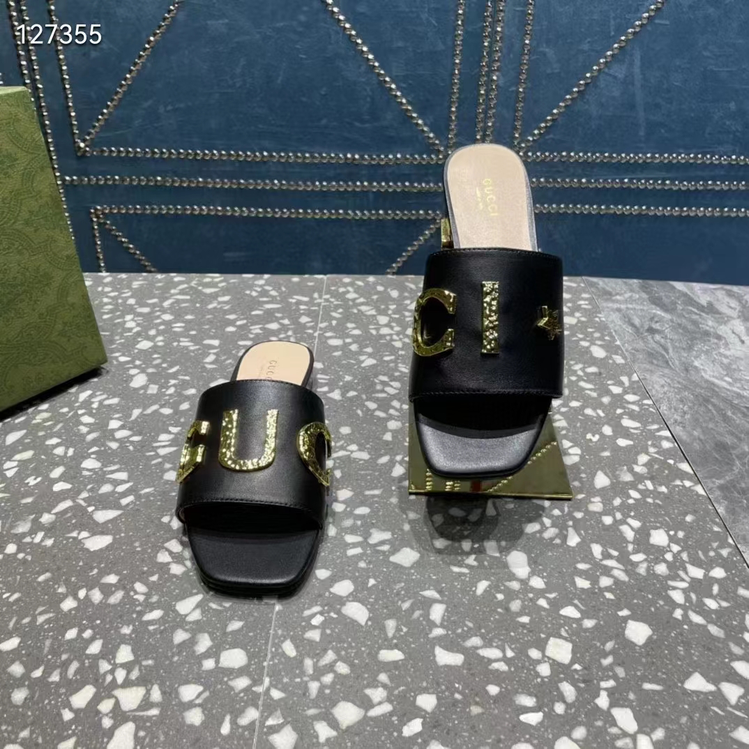 G*u*i women gg slide sandal black leather textured logo star flat 1 cm heel