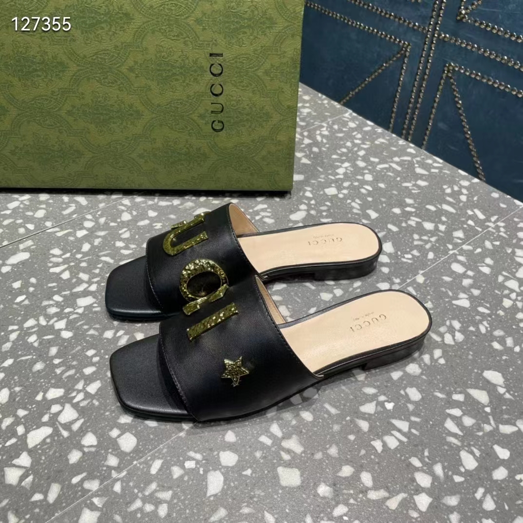 G*u*i women gg slide sandal black leather textured logo star flat 1 cm heel