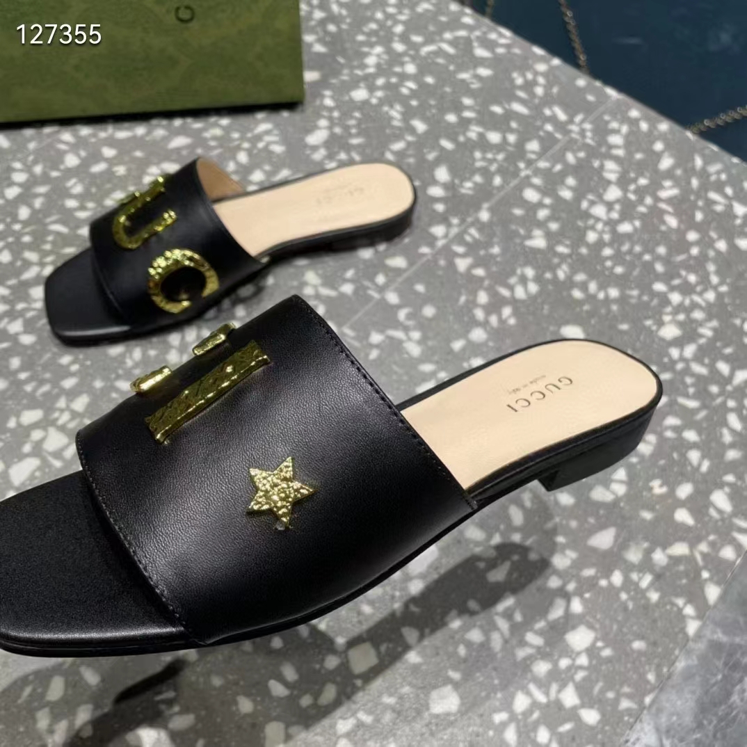 G*u*i women gg slide sandal black leather textured logo star flat 1 cm heel