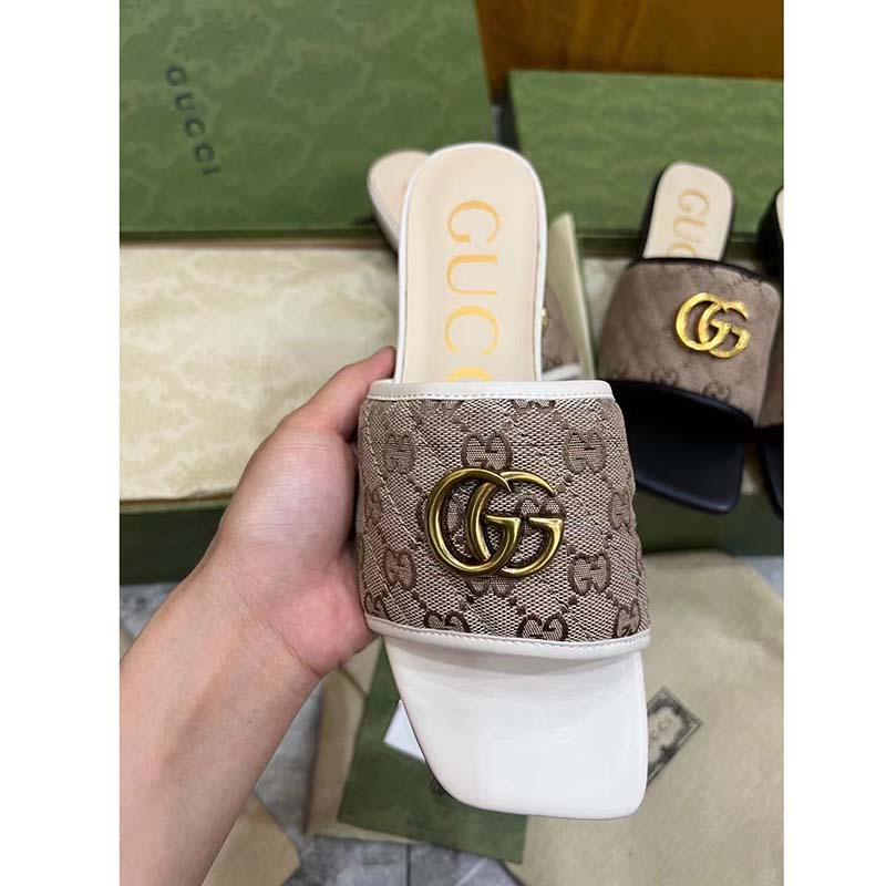G*u*i women gg slide sandal double g beige ebony orignal gg canvas