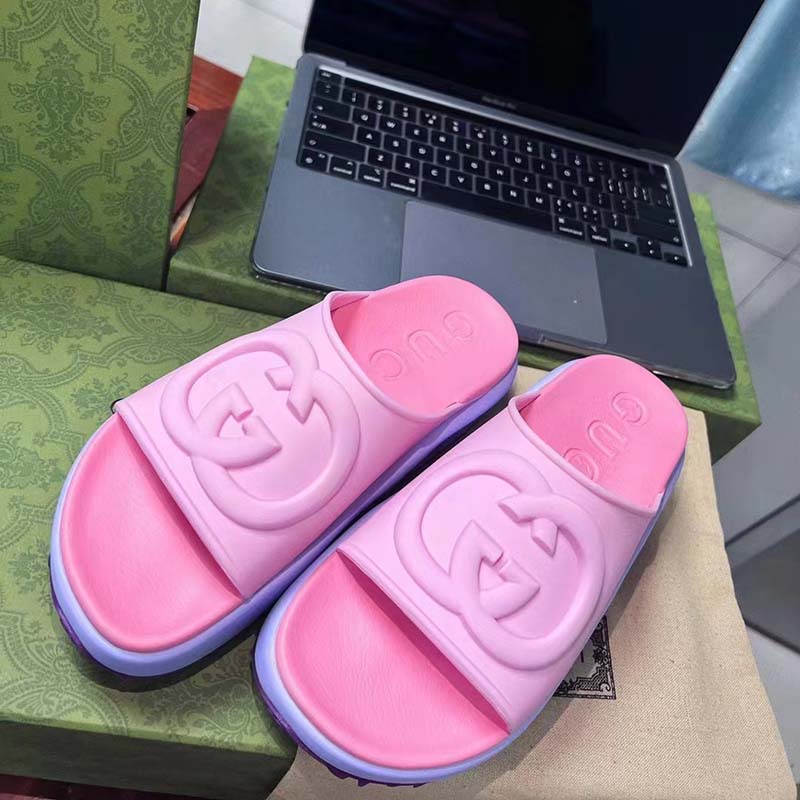 G*u*i women gg slide sandal interlocking g pink purple rubber low heel