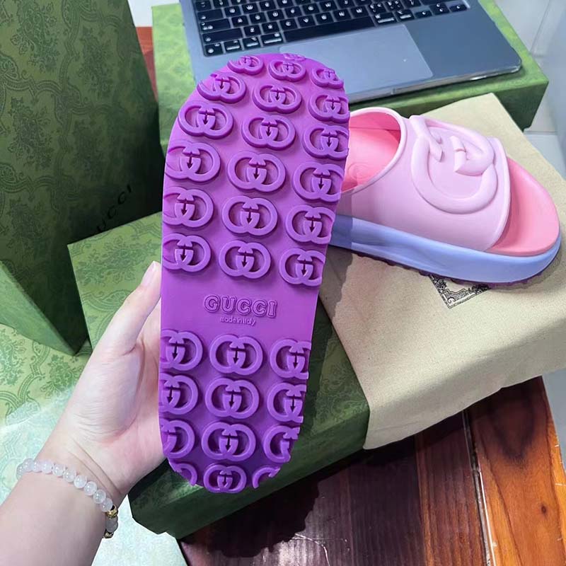 G*u*i women gg slide sandal interlocking g pink purple rubber low heel