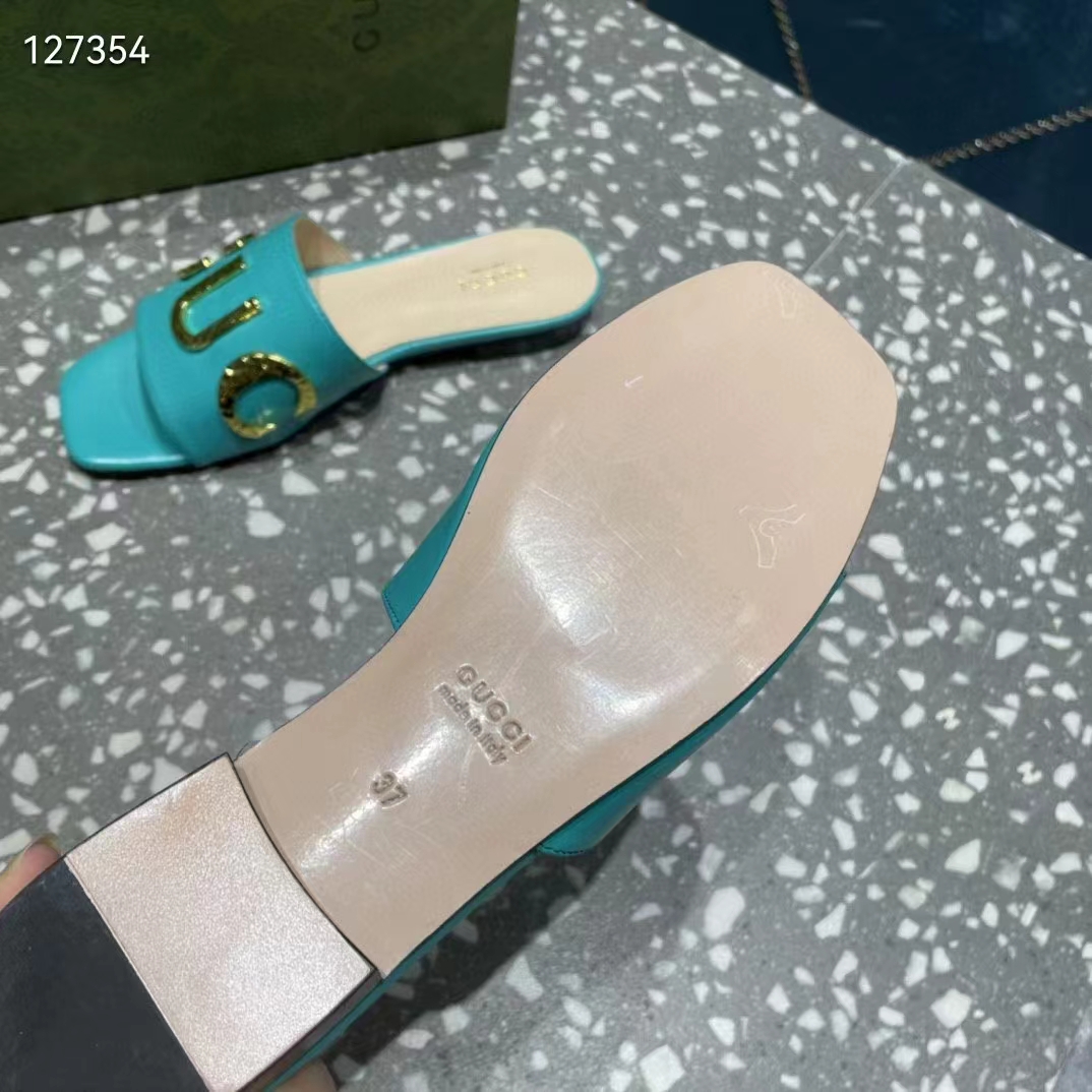 G*u*i women gg slide sandal turquoise leather textured logo star flat 1 cm heel
