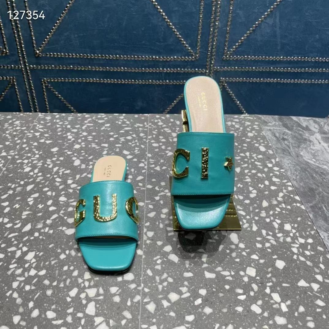 G*u*i women gg slide sandal turquoise leather textured logo star flat 1 cm heel