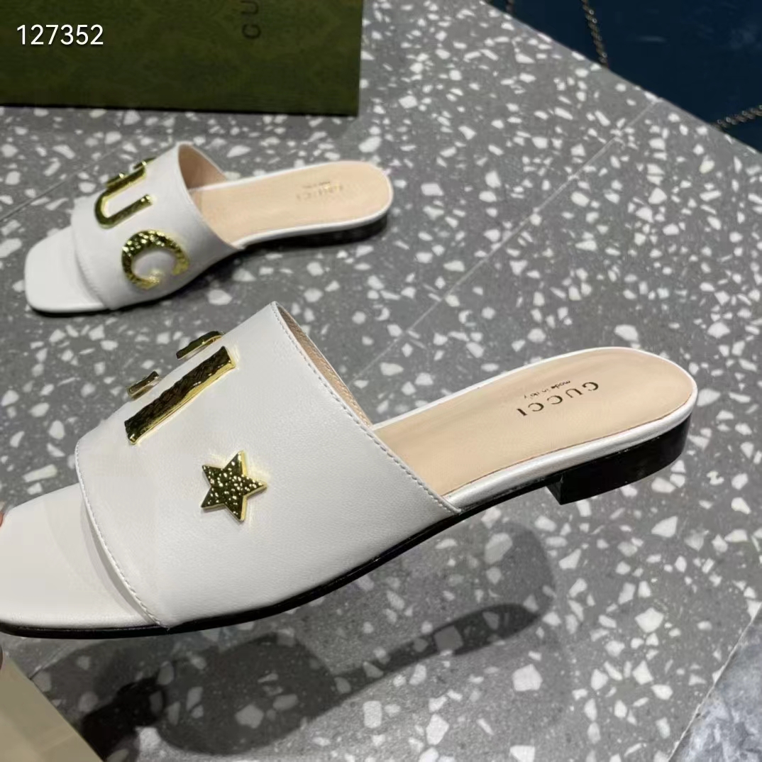 G*u*i women gg slide sandal white leather textured logo star flat 1 cm heel