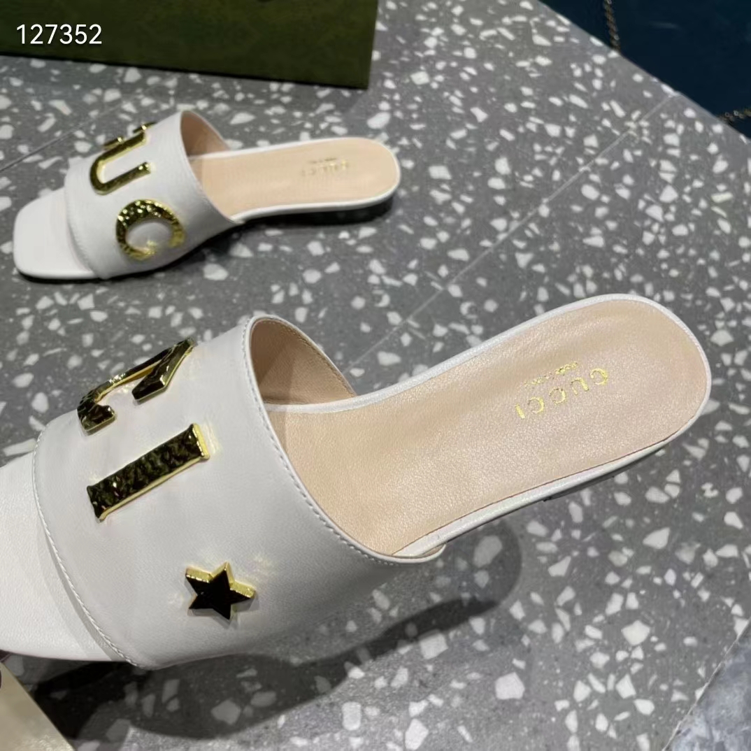 G*u*i women gg slide sandal white leather textured logo star flat 1 cm heel