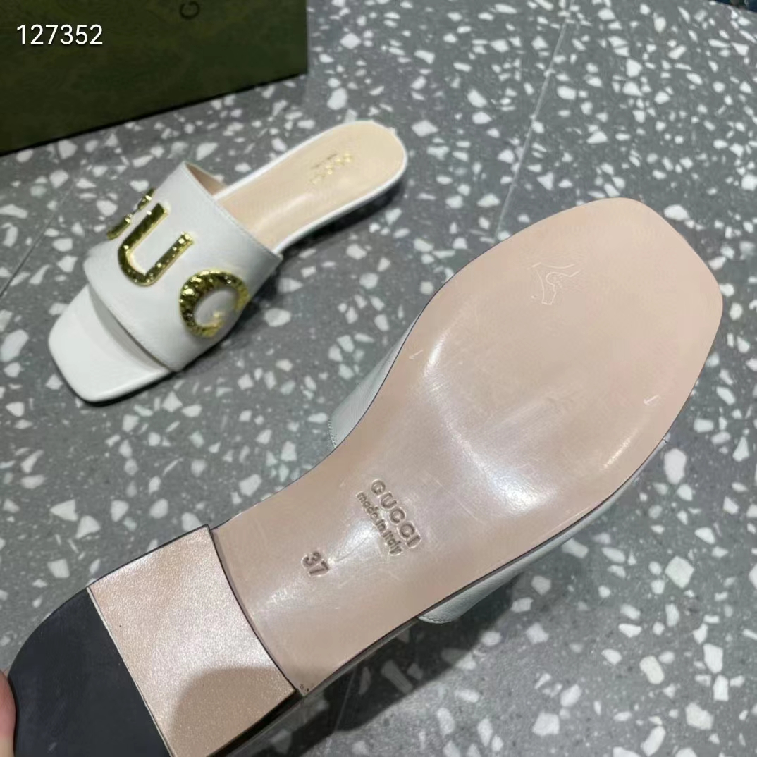 G*u*i women gg slide sandal white leather textured logo star flat 1 cm heel
