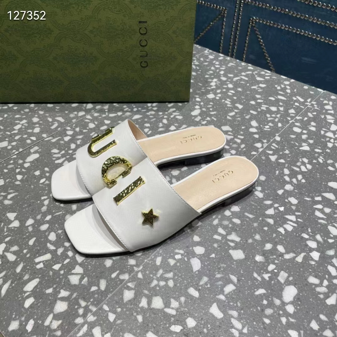 G*u*i women gg slide sandal white leather textured logo star flat 1 cm heel