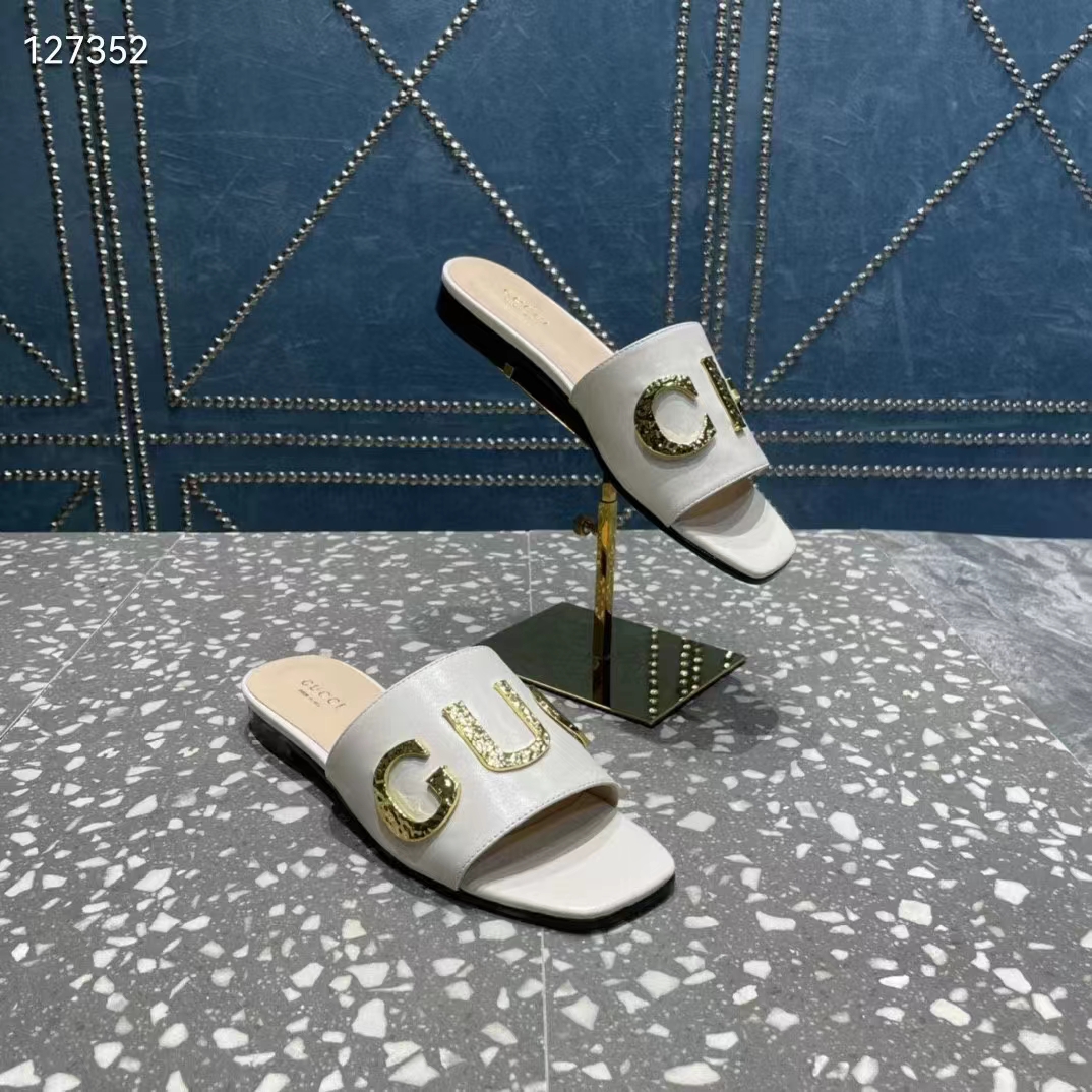 G*u*i women gg slide sandal white leather textured logo star flat 1 cm heel