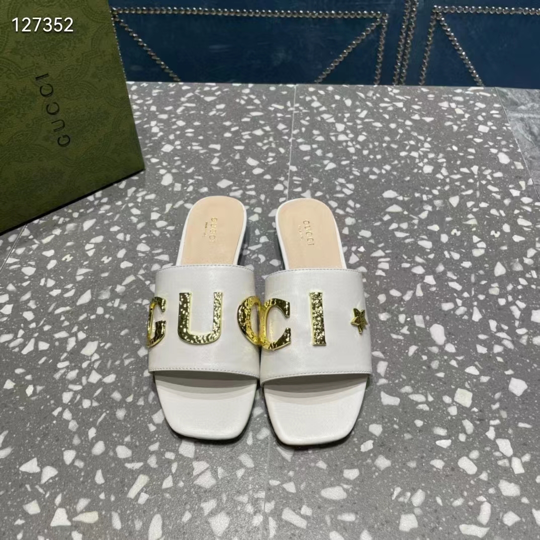 G*u*i women gg slide sandal white leather textured logo star flat 1 cm heel