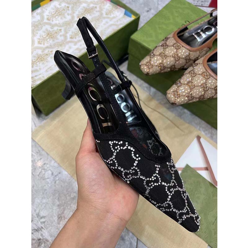 G*u*i women gg slingback pump black mesh gg crystals low 4 cm heel