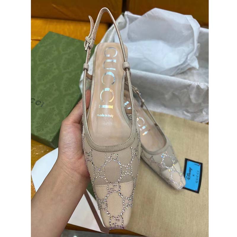 G*u*i women gg slingback pump rose beige mesh crystals kitten 4 cm heel