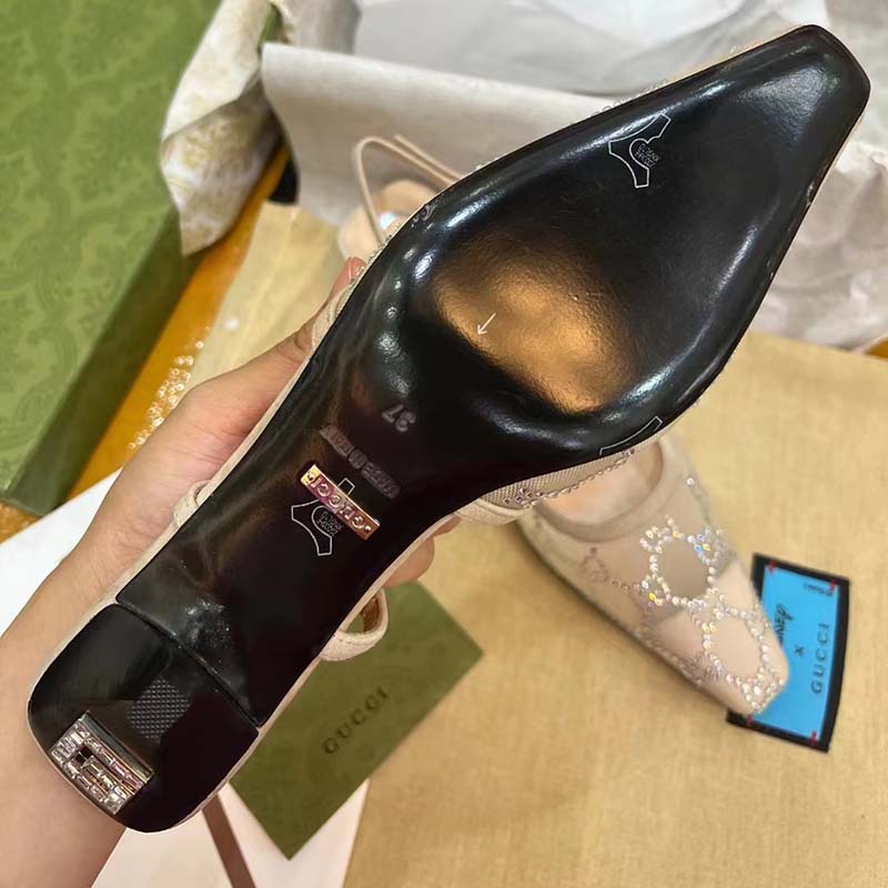 G*u*i women gg slingback pump rose beige mesh crystals kitten 4 cm heel