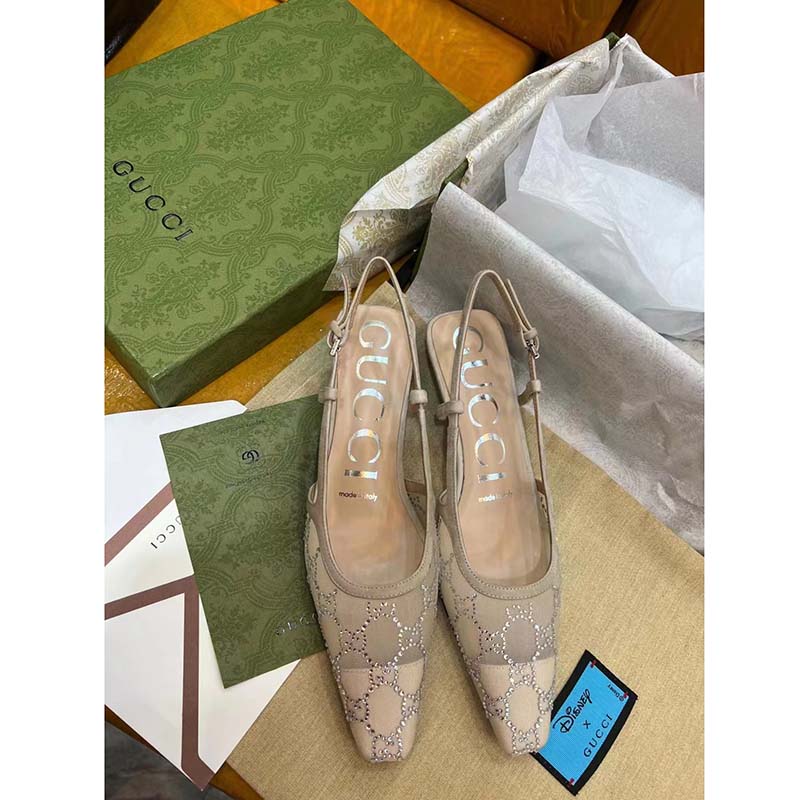 G*u*i women gg slingback pump rose beige mesh crystals kitten 4 cm heel