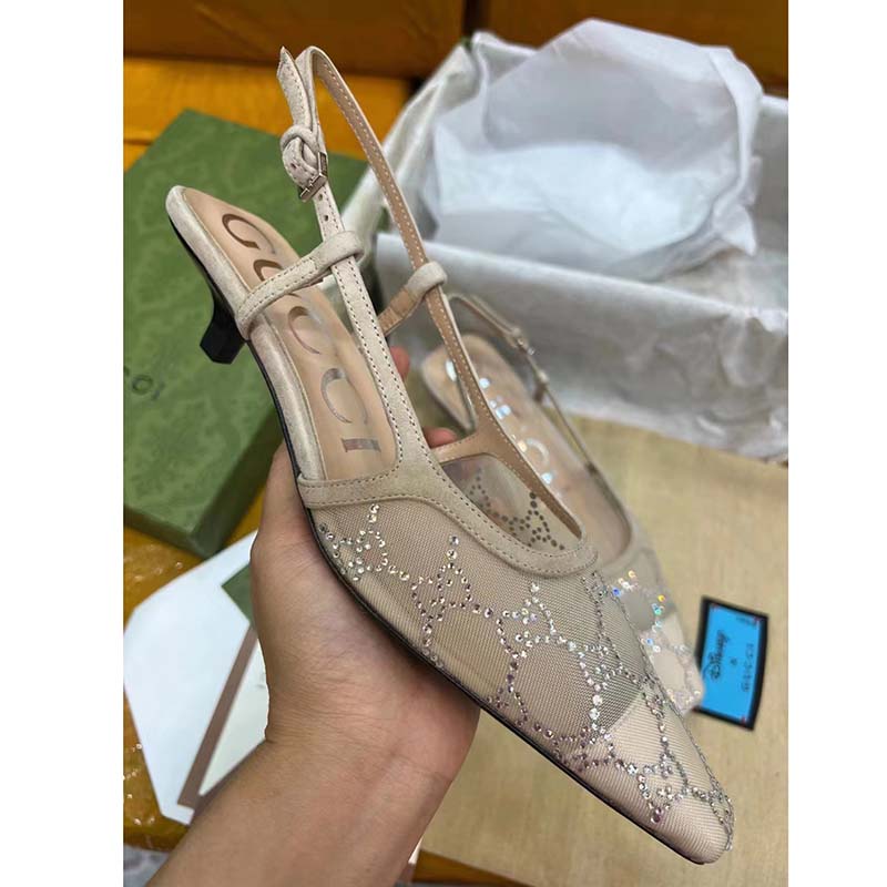 G*u*i women gg slingback pump rose beige mesh crystals kitten 4 cm heel