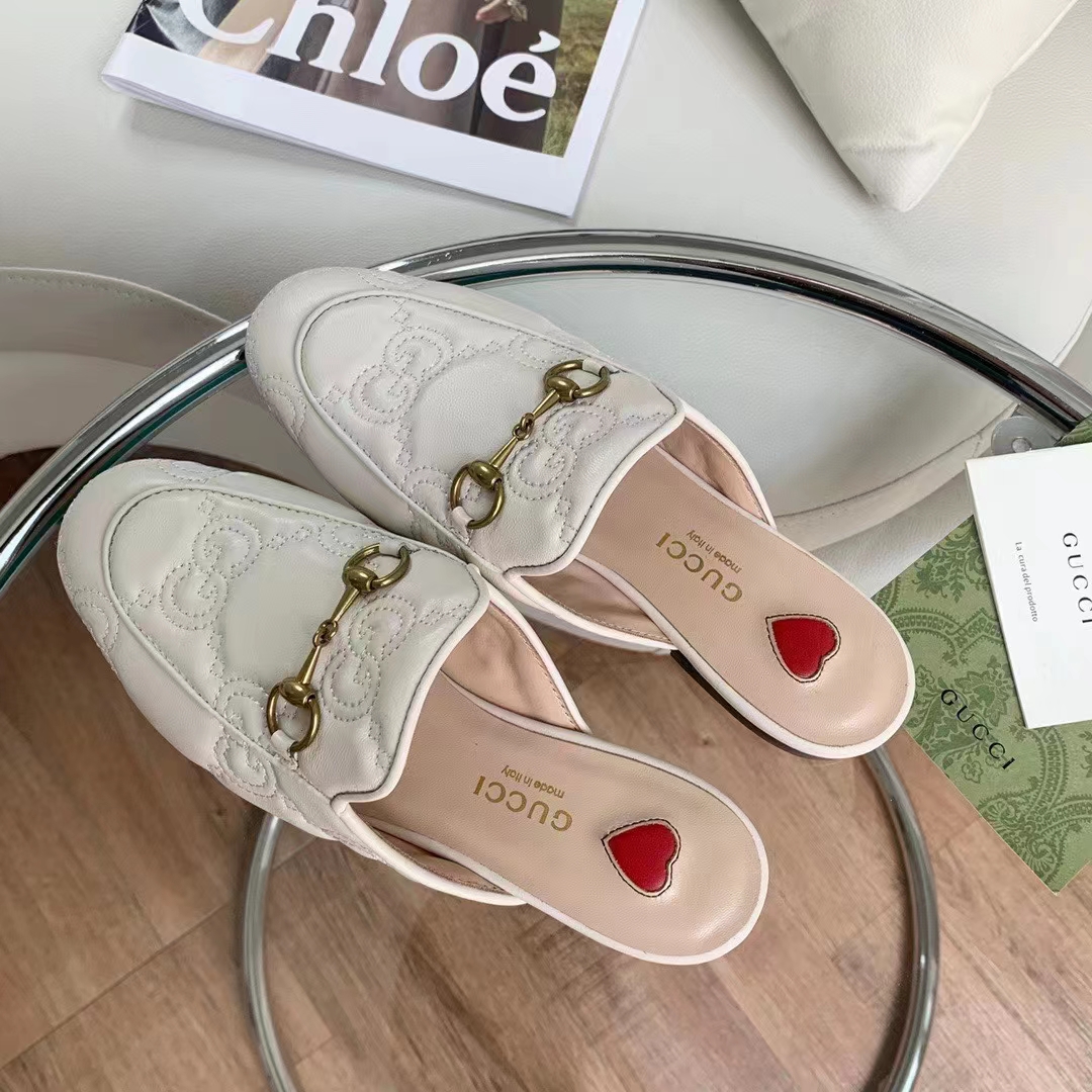 G*u*i women maxi gg matelassé princetown slipper white horsebit leather sole flat