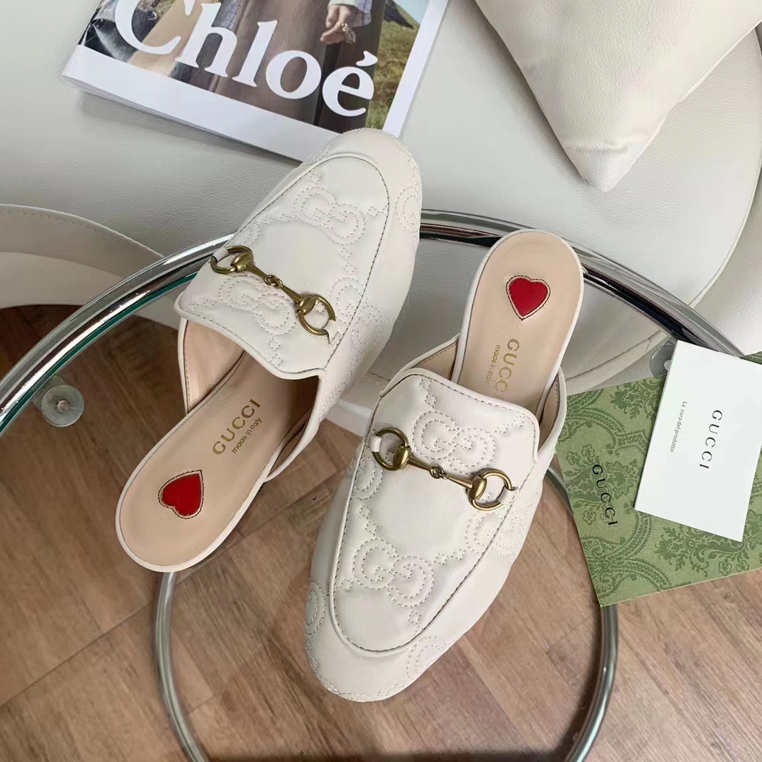 G*u*i women maxi gg matelassé princetown slipper white horsebit leather sole flat