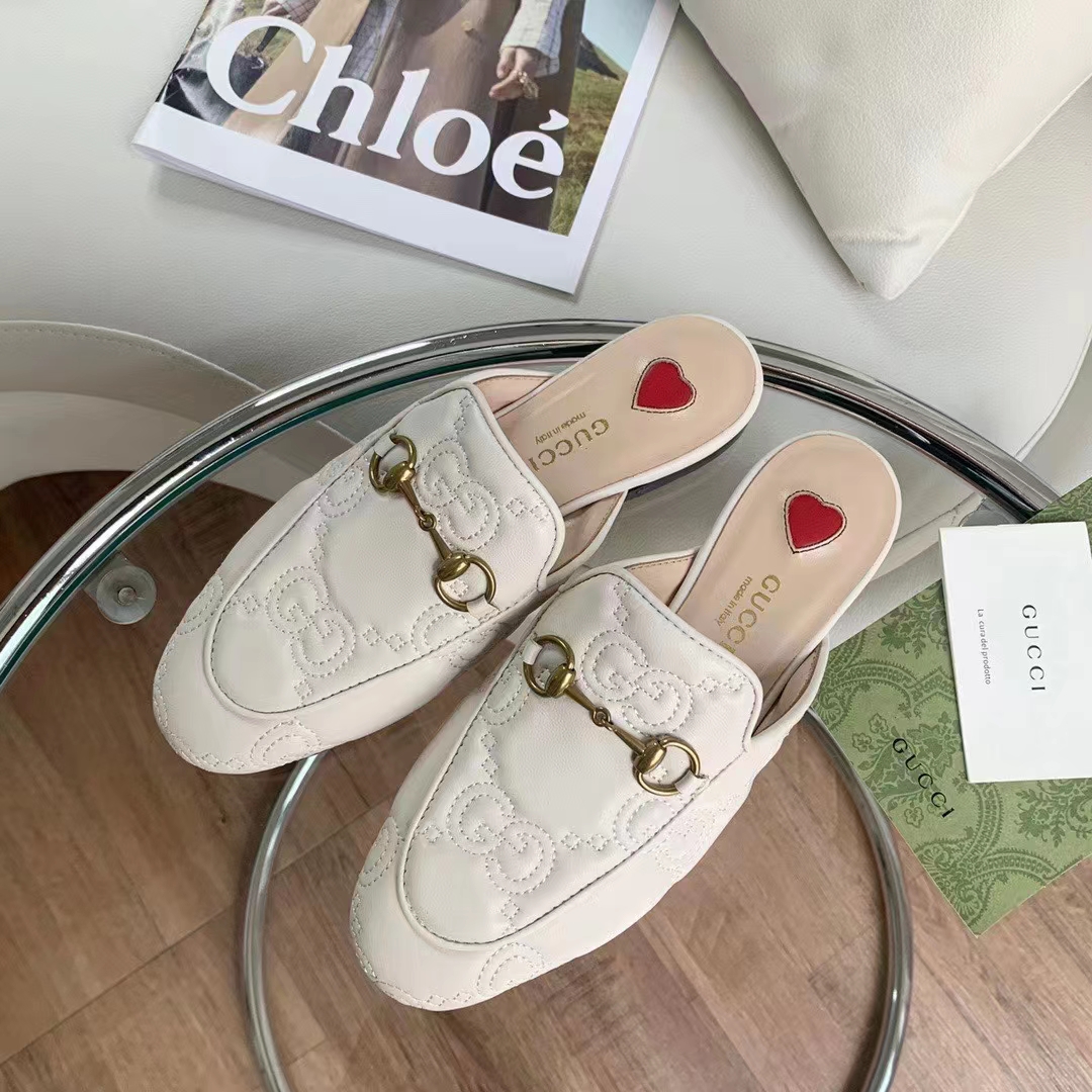 G*u*i women maxi gg matelassé princetown slipper white horsebit leather sole flat