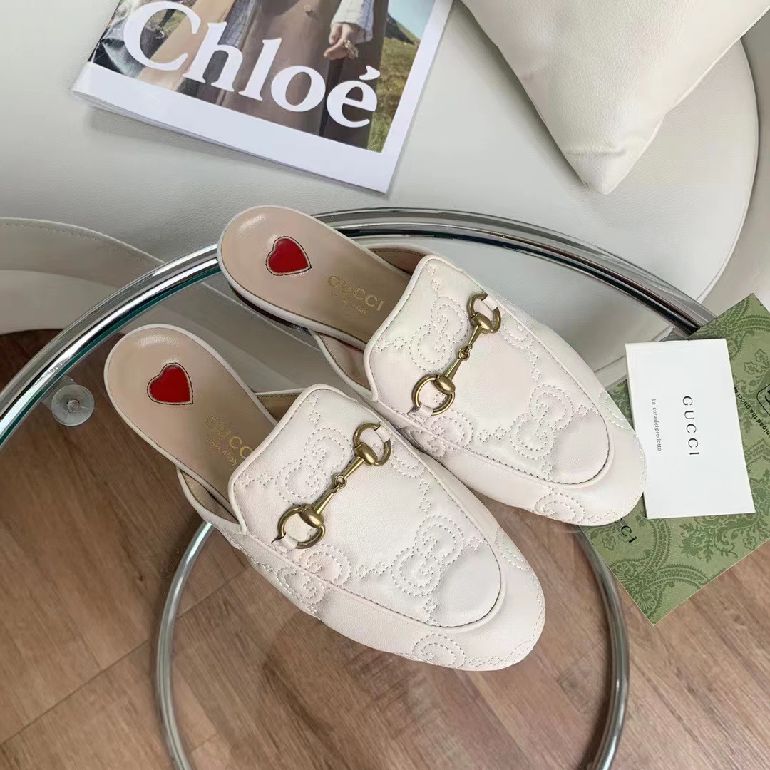 G*u*i women maxi gg matelassé princetown slipper white horsebit leather sole flat