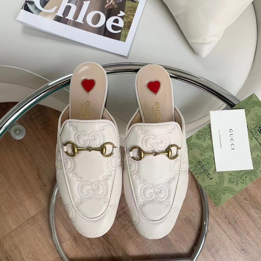 G*u*i women maxi gg matelassé princetown slipper white horsebit leather sole flat