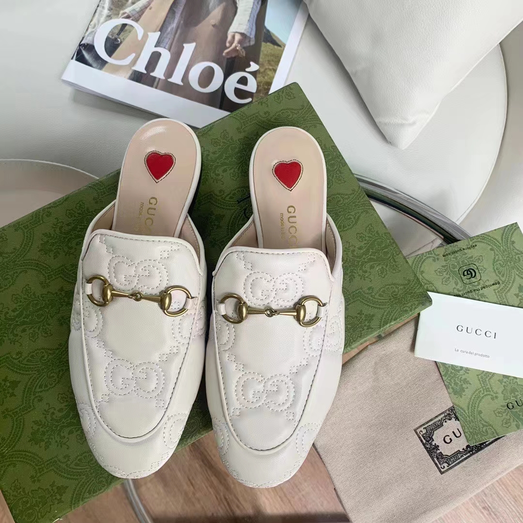 G*u*i women maxi gg matelassé princetown slipper white horsebit leather sole flat