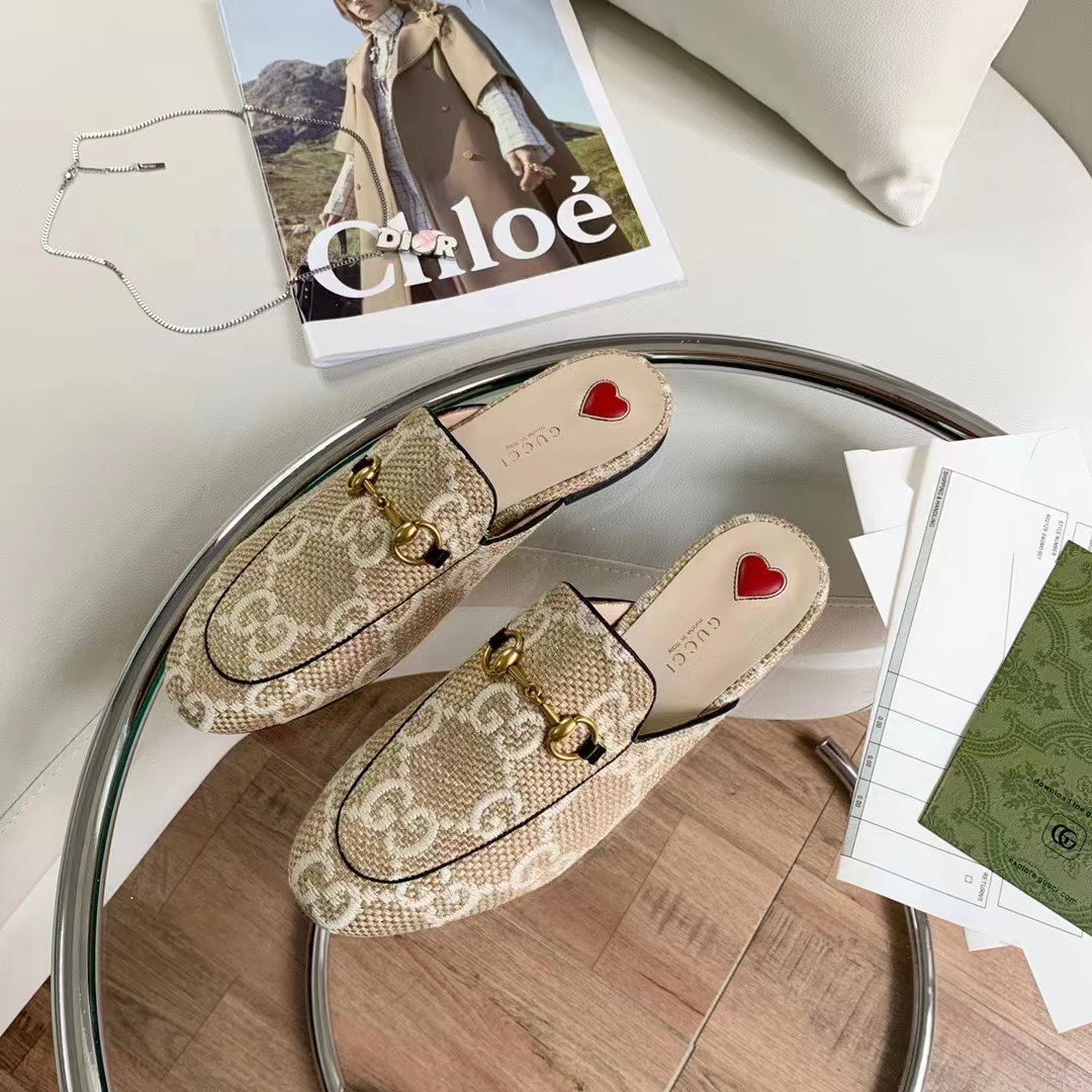 G*u*i women maxi gg princetown slipper beige white gg raffia effect fabric flat