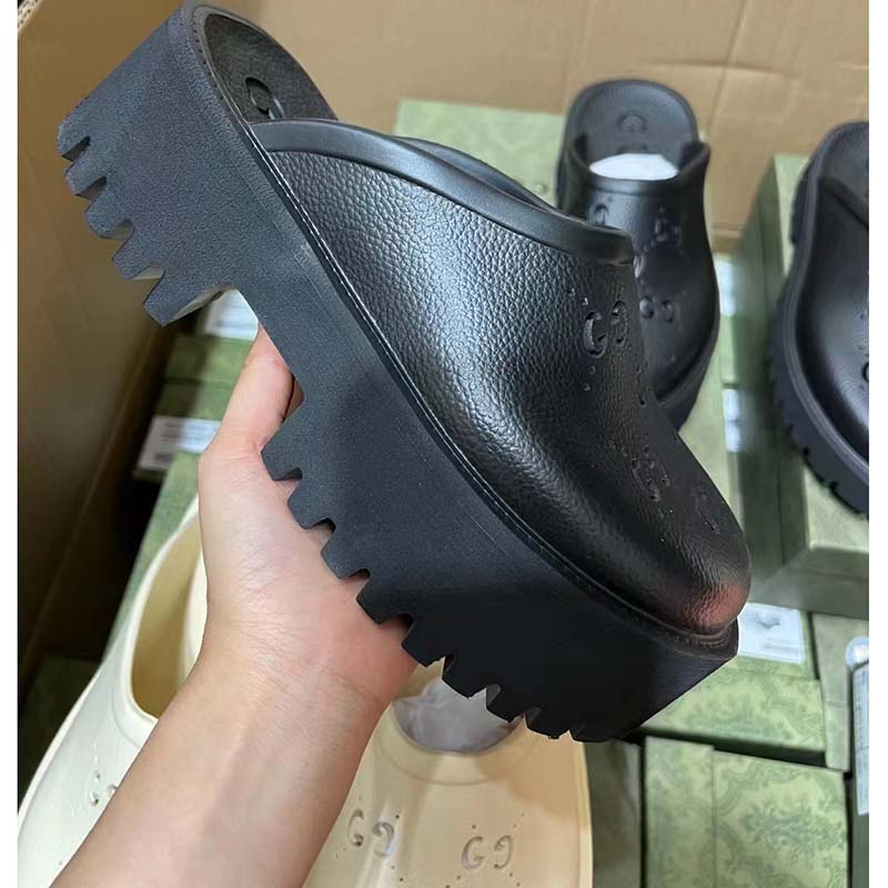 G*u*i women slip-on sandal black perforated gg rubber mid 6 cm heel