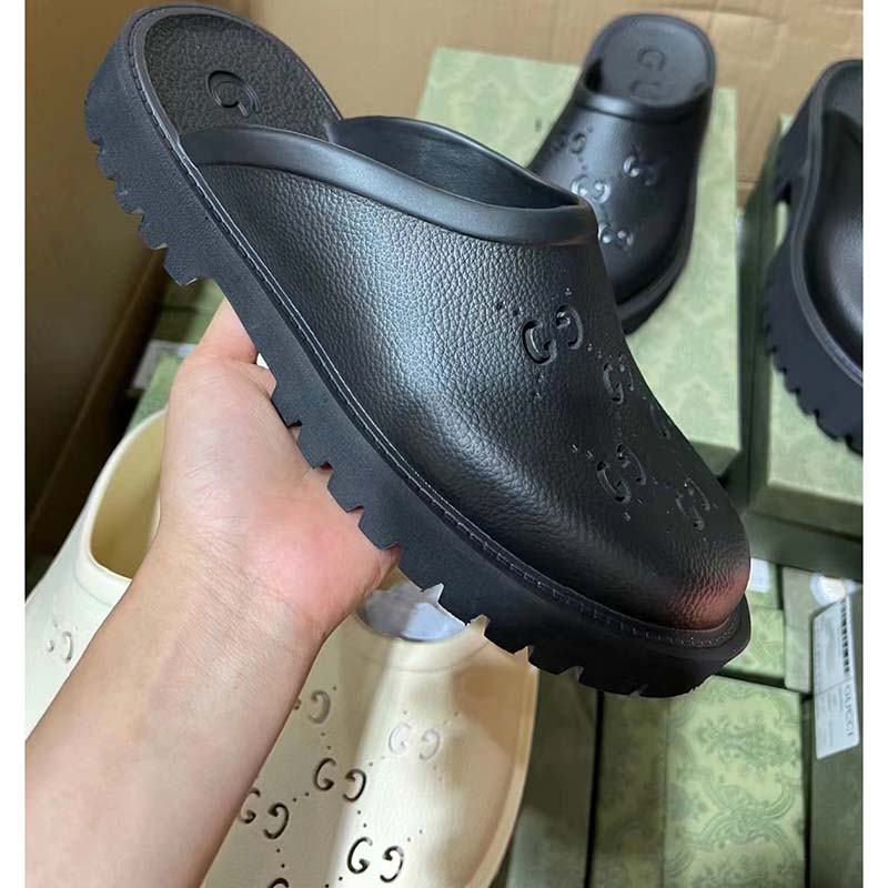 G*u*i women slip-on sandal black perforated gg rubber mid 6 cm heel