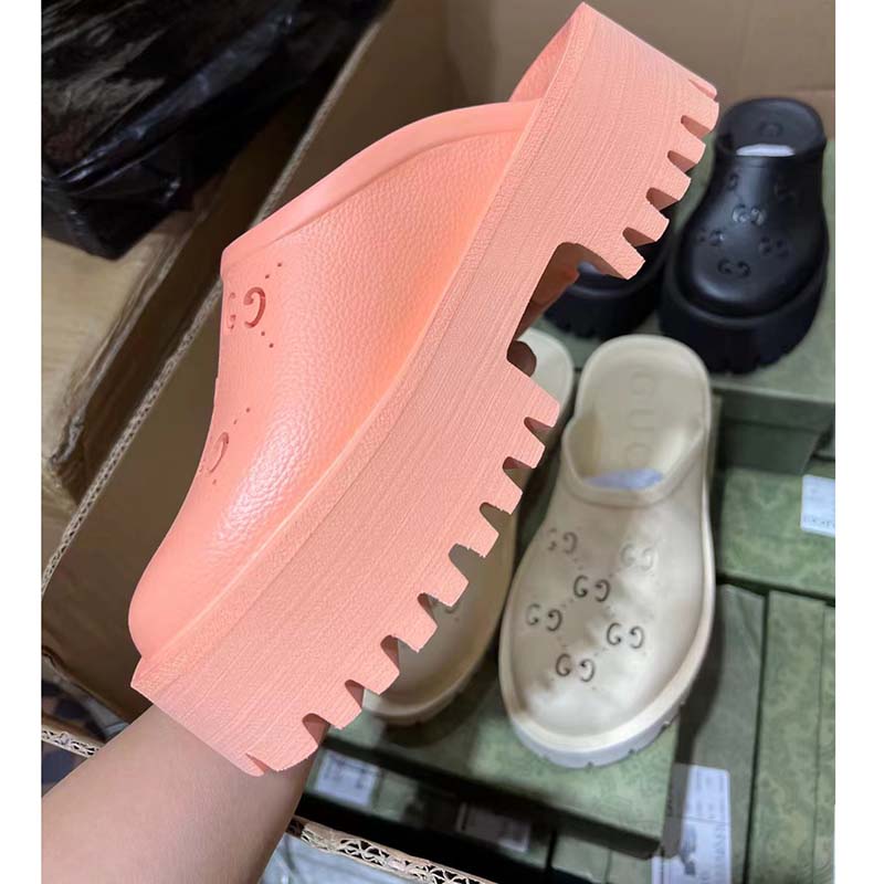 G*u*i women slip-on sandal peach perforated gg rubber mid 6 cm heel