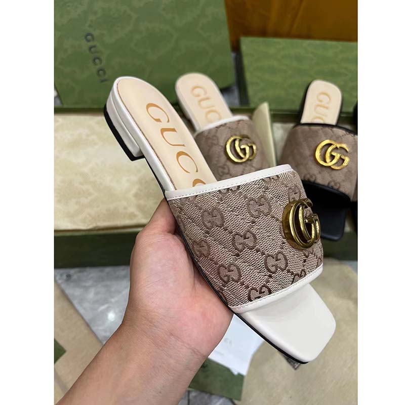 G*u*i women’s gg matelassé canvas slide sandal double g square toe leather flat